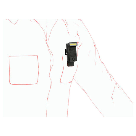 Ledlenser W1R WORK Rechargeable Clip Light shown attached to a shirt pocket on a white background