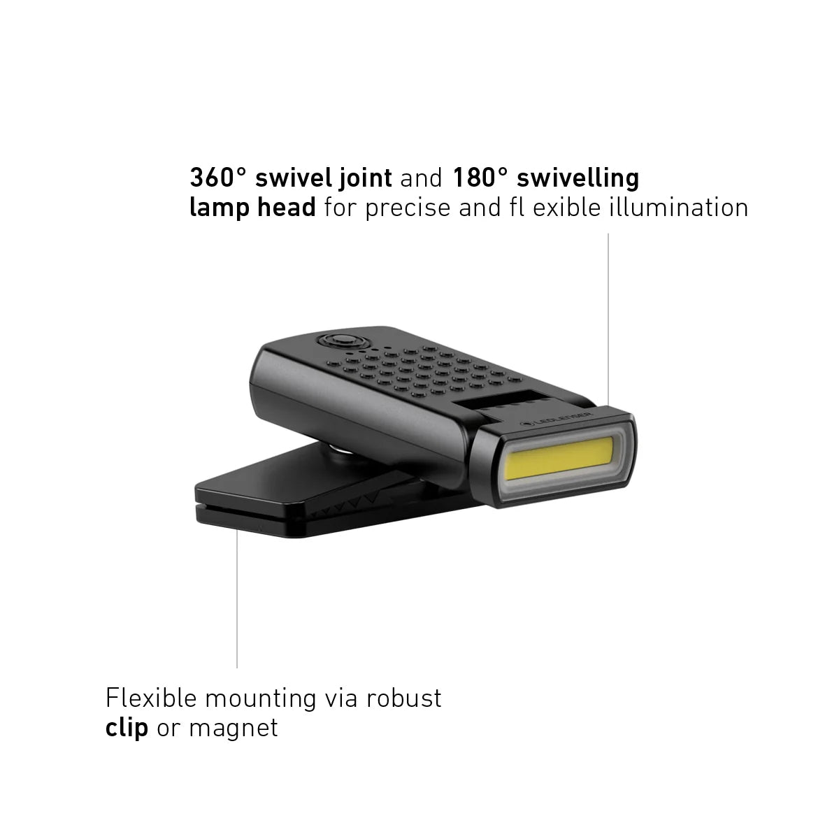 Ledlenser W1R WORK Rechargeable Clip Light with swivel joint and lamp head on a white background