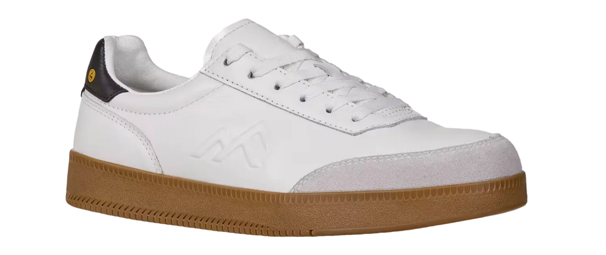 White sneaker with brown sole on a light gray background