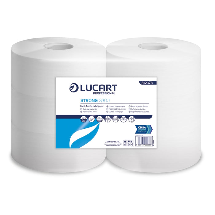 Two rolls of Lucart 812378 Maxi Jumbo Toilet paper on a white background