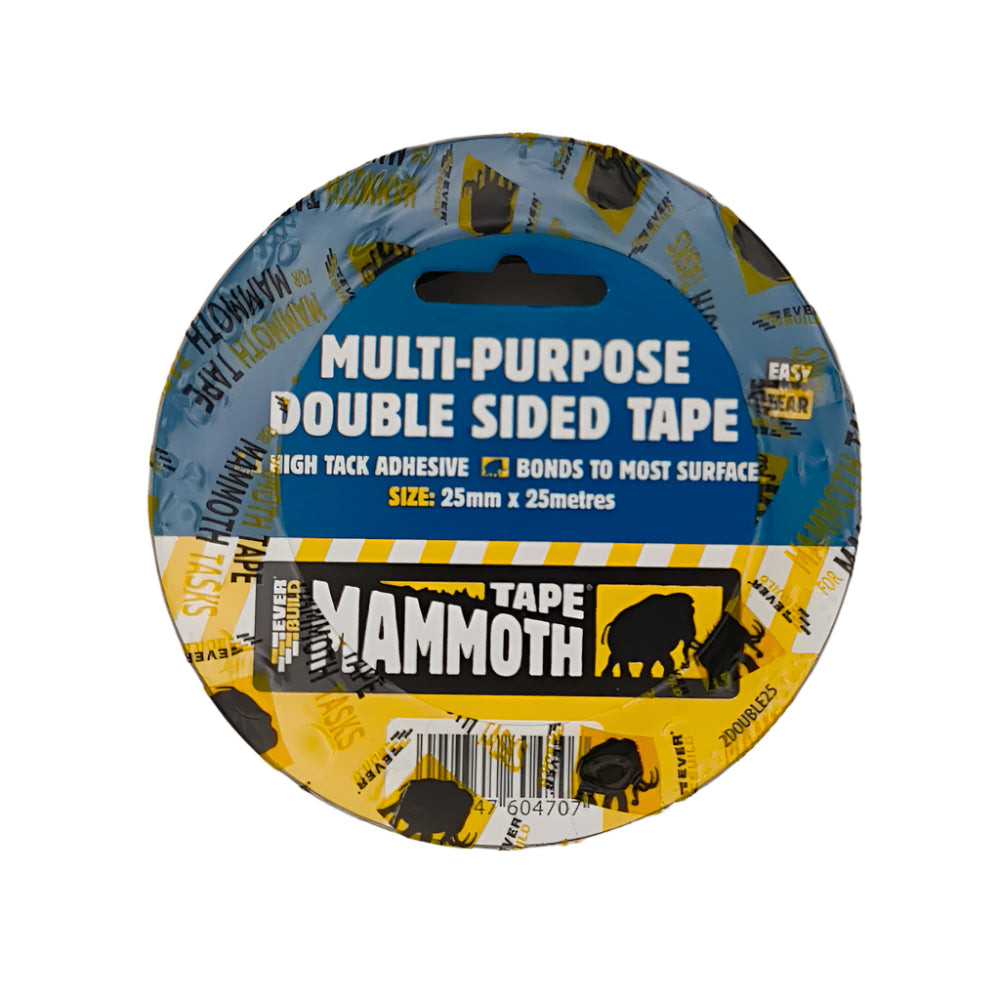 Everbuild multi-purpose double sided tape in 25mm  x 25 meter roll, on a white background.