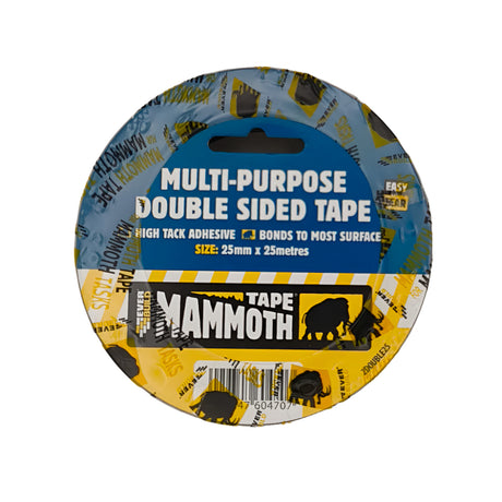 Everbuild multi-purpose double sided tape in 25mm  x 25 meter roll, on a white background.