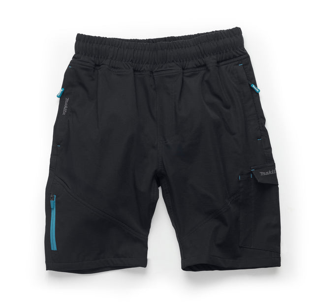 Makita Axis Stretch Shorts in black with blue zippers on a white background