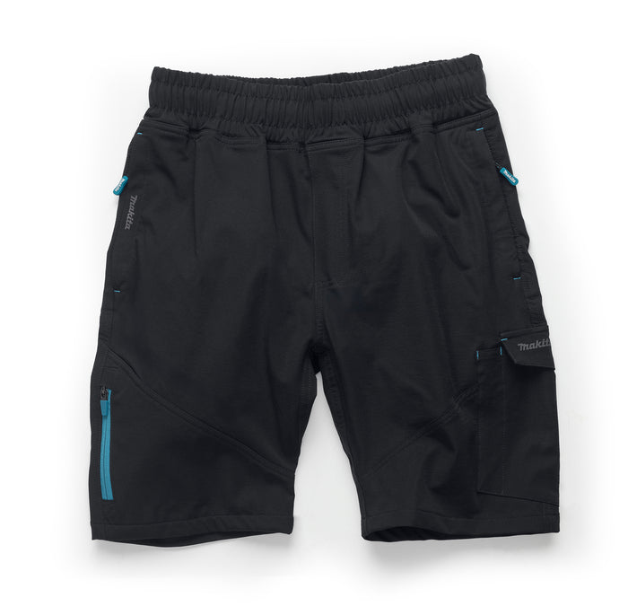 Makita Axis Stretch Shorts in black with blue zippers on a white background