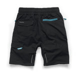 Makita Axis Stretch Shorts in black with teal accents on a white background