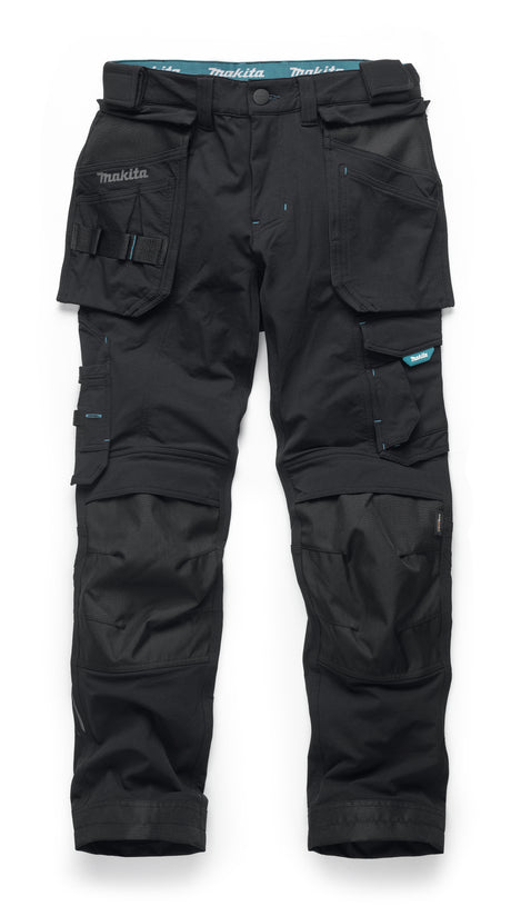 Makita Onyx stretch work trousers with multiple pockets on a white background