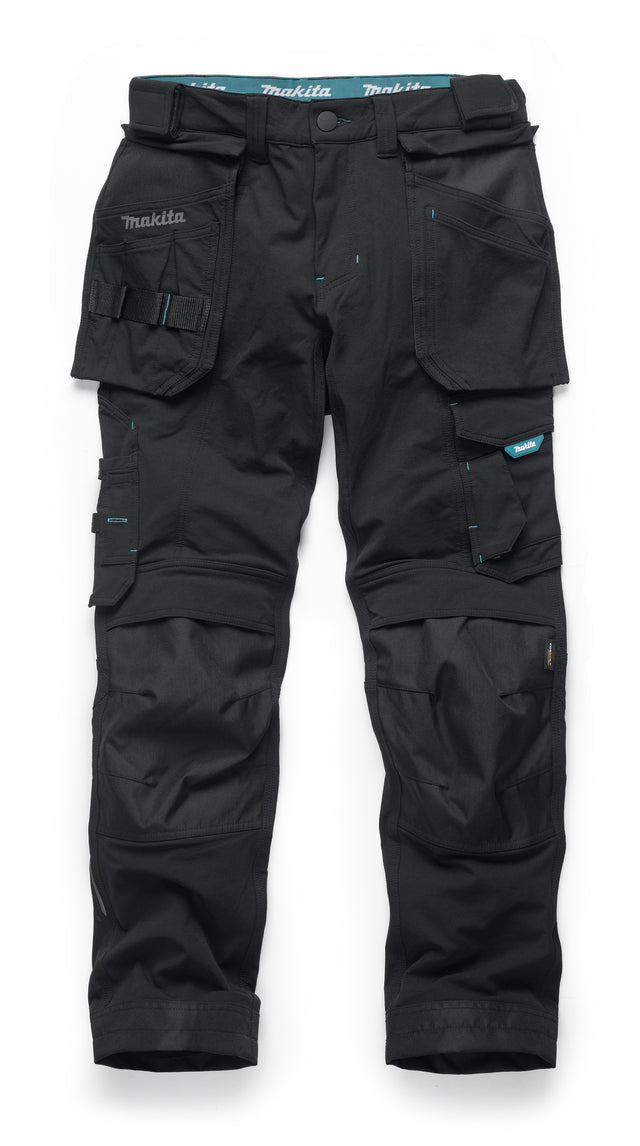 Makita Onyx stretch work trousers with multiple pockets on a white background