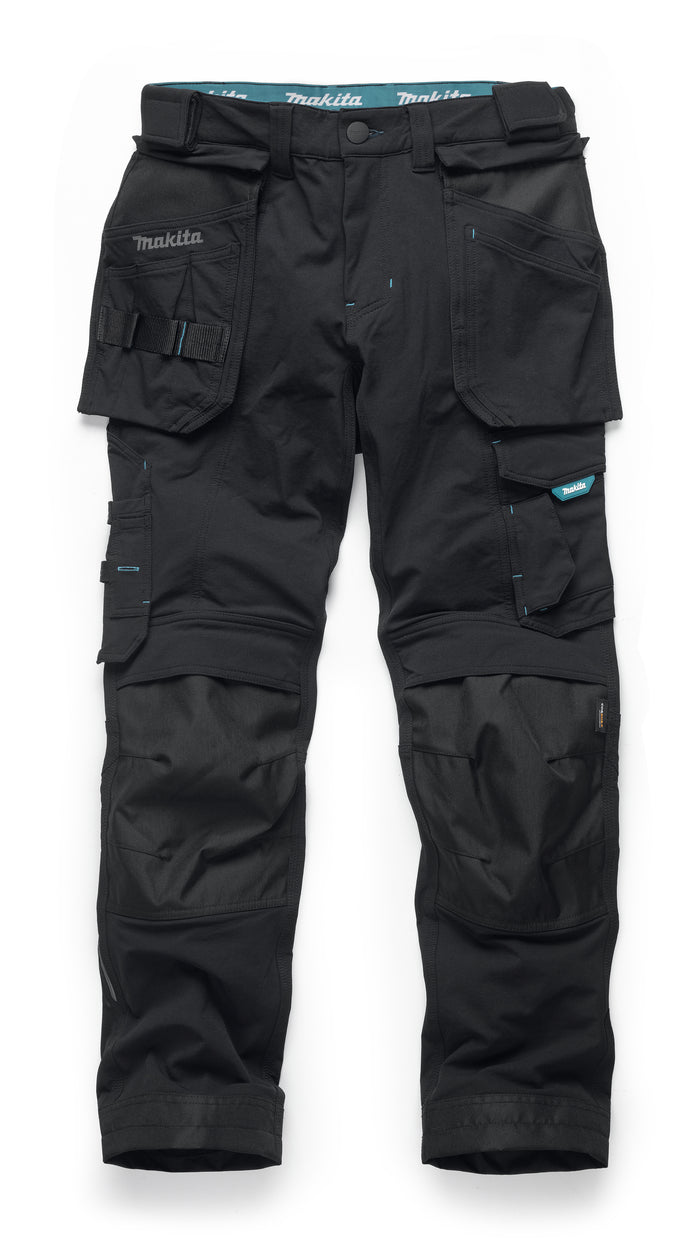 Makita Onyx stretch work trousers with multiple pockets on a white background