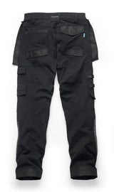 Black Makita Onyx 4 way stretch trousers with multiple pockets on a white background