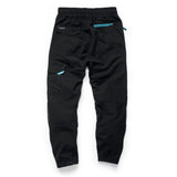 Makita Axis Stretch Jogger MK301M rear view, in black with a blue zipped pocket on a white background