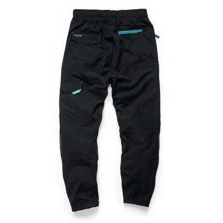Makita Axis Stretch Jogger MK301M rear view, in black with a blue zipped pocket on a white background