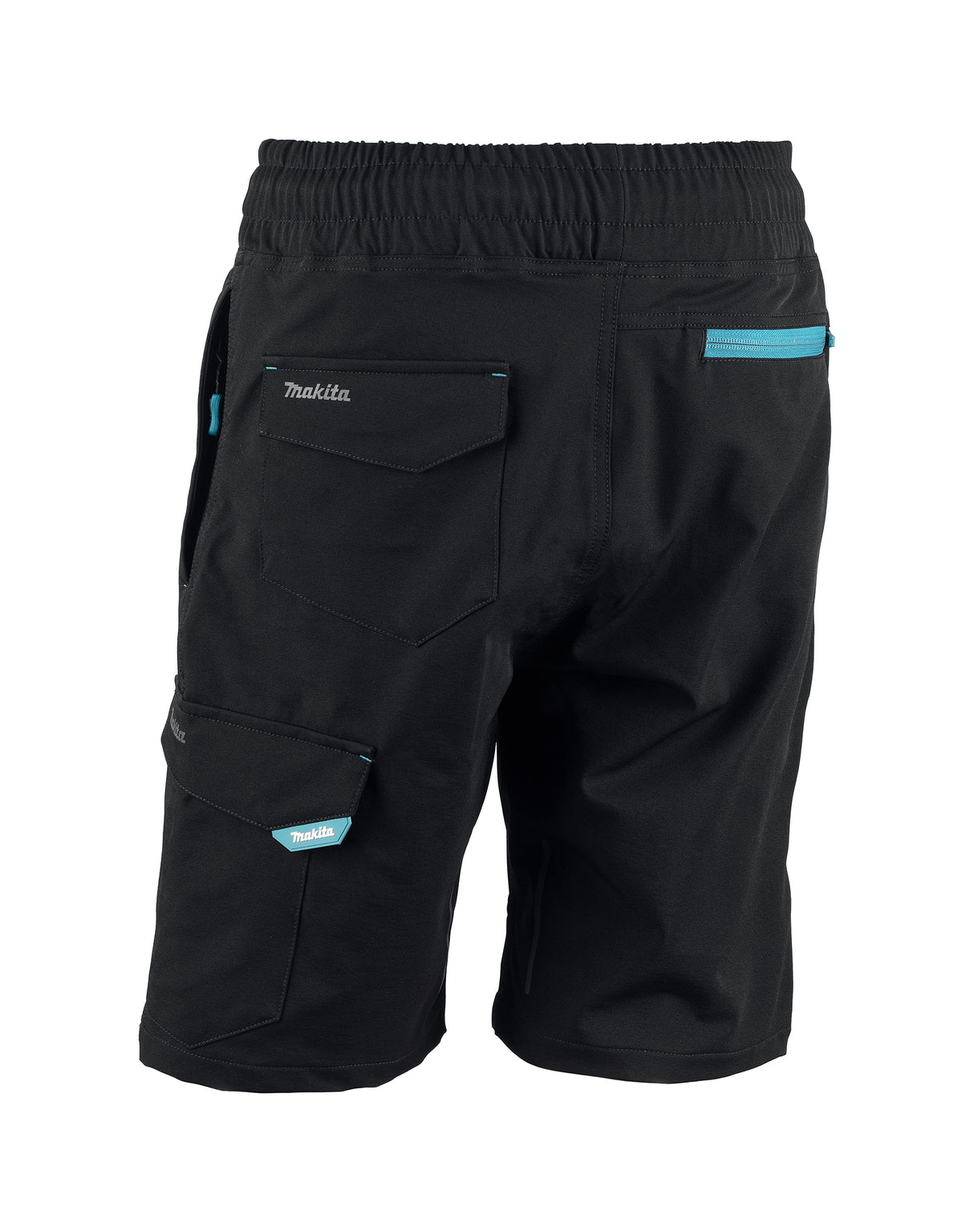 Makita Axis Stretch Shorts in black with teal accents on a white background