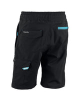 Makita Axis Stretch Shorts in black with teal accents on a white background