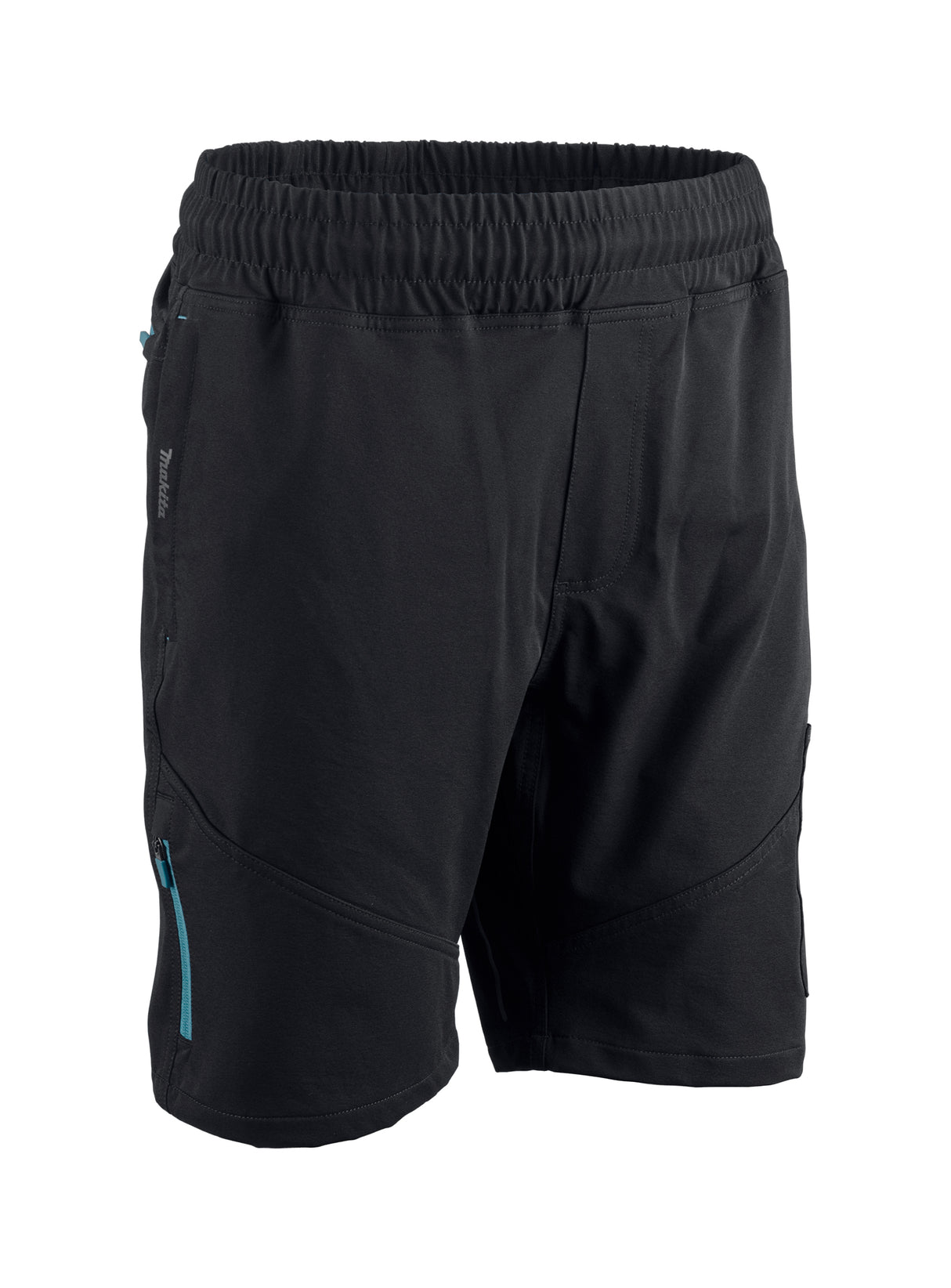 Makita Axis Stretch Shorts in black with teal accents on a white background