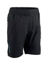 Makita Axis Stretch Shorts in black with teal accents on a white background