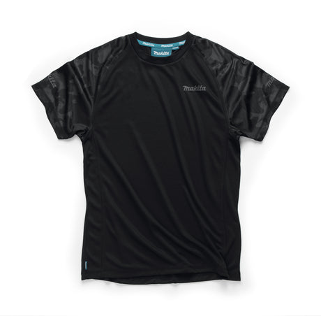 Black t-shirt with Makita logo and camo pattern sleeves on a white background