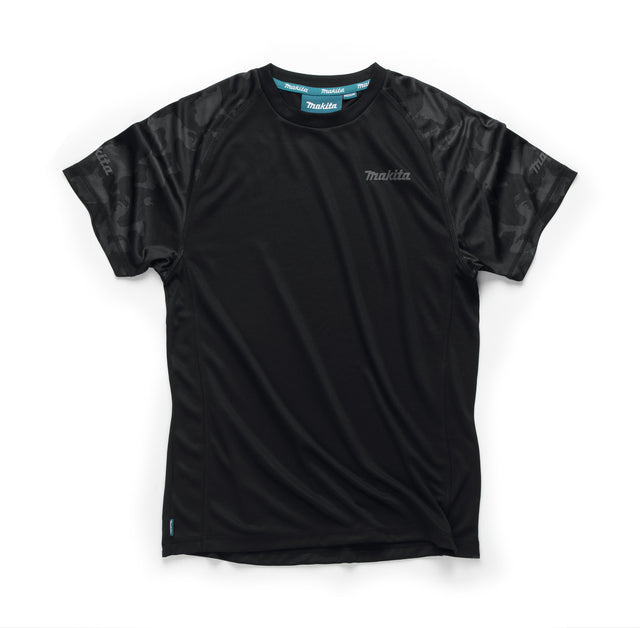 Black t-shirt with Makita logo and camo pattern sleeves on a white background