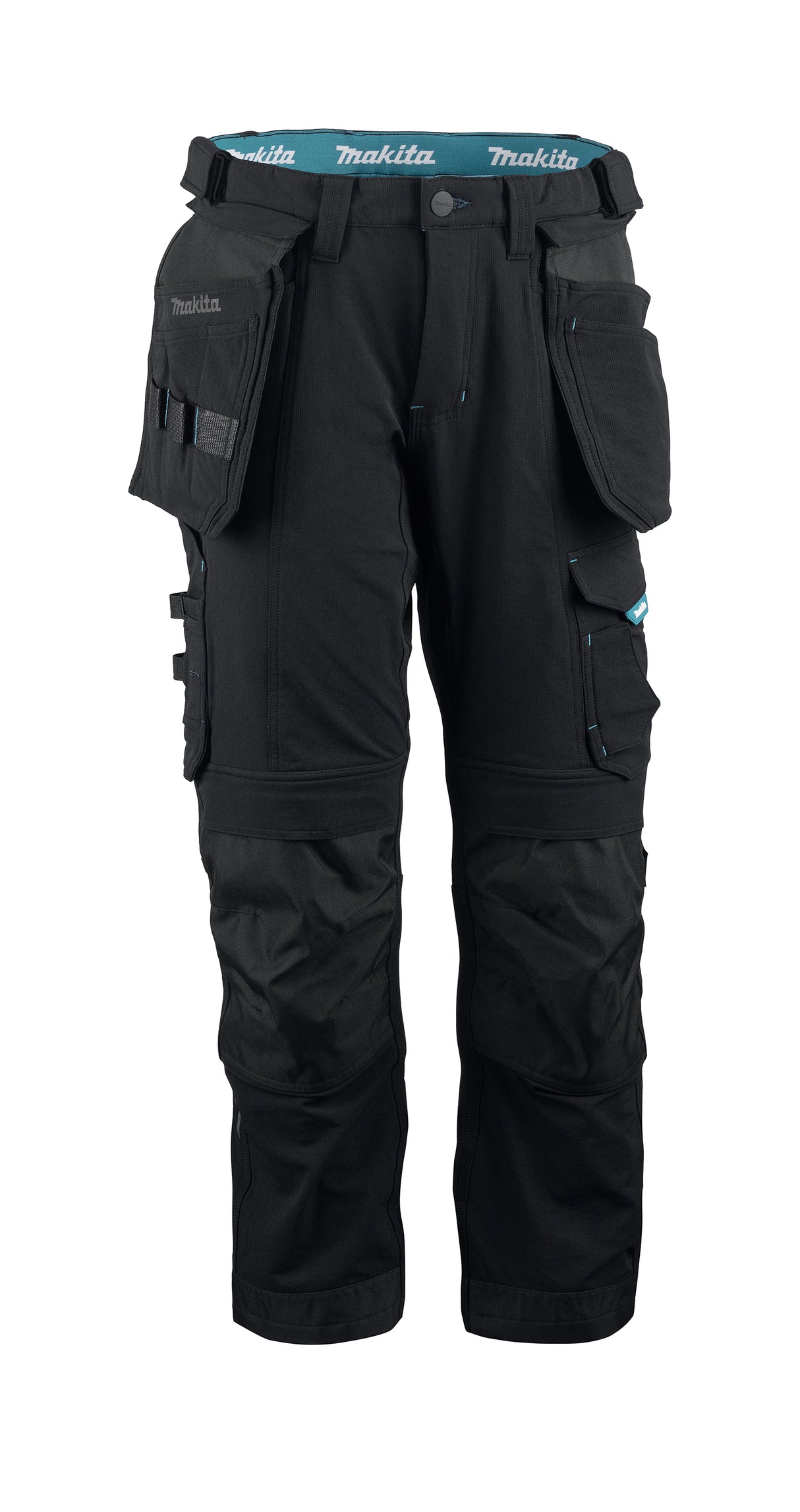 Black Makita Onyx 4 way stretch trousers with multiple pockets and Makita branding on a white background