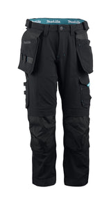 Black Makita Onyx 4 way stretch trousers with multiple pockets and Makita branding on a white background