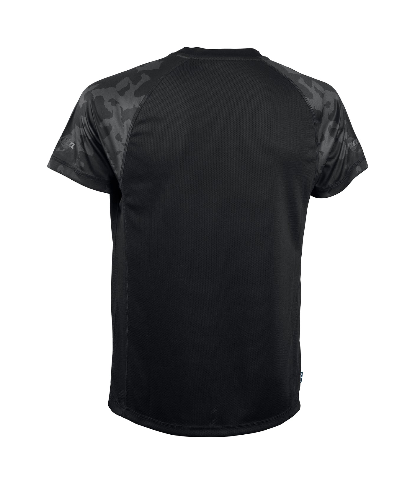 Black Makita Tech t-shirt with camouflage sleeves on a white background