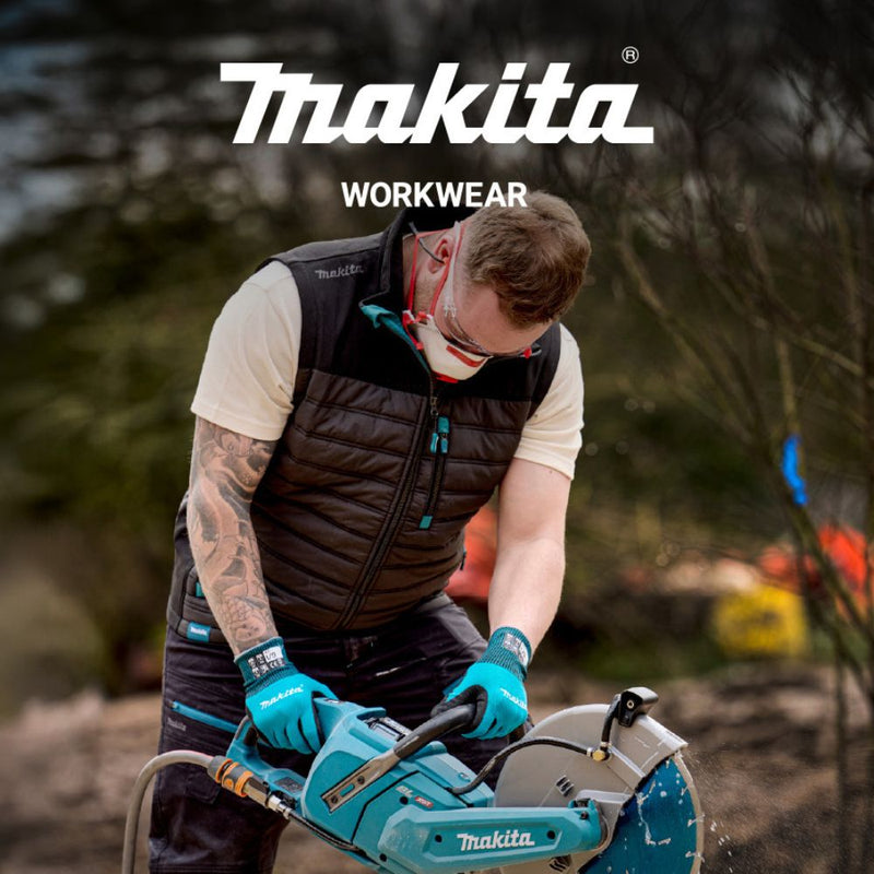 Person using a Makita power tool with Makita Workwear branding.