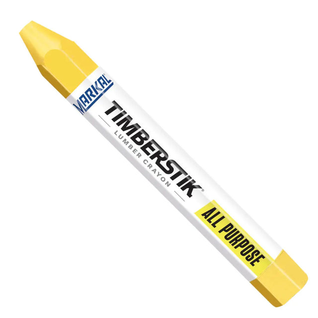 Markal Lumber Crayon in yellow. With the words Timberstik Lumber Crayon All Purpose written on the side. On a white background.