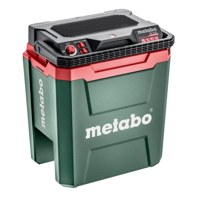A Metabo cordless cooling box in green and red with a black top control unit, shown on a plain white background.