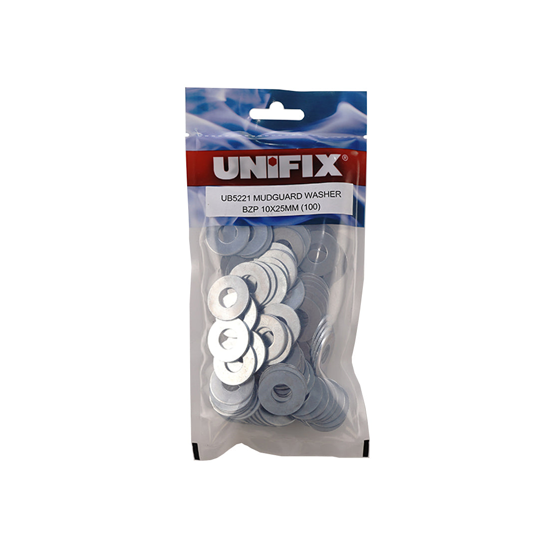 A clear plastic bag of Unifix UBS5221 Midguard Washer, containing 100 silver-colored flat metal washers, on a solid white background.