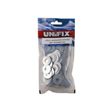 A clear plastic bag of Unifix UBS5221 Midguard Washer, containing 100 silver-colored flat metal washers, on a solid white background.