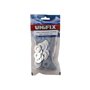A clear plastic bag of Unifix UBS5221 Midguard Washer, containing 100 silver-colored flat metal washers, on a solid white background.