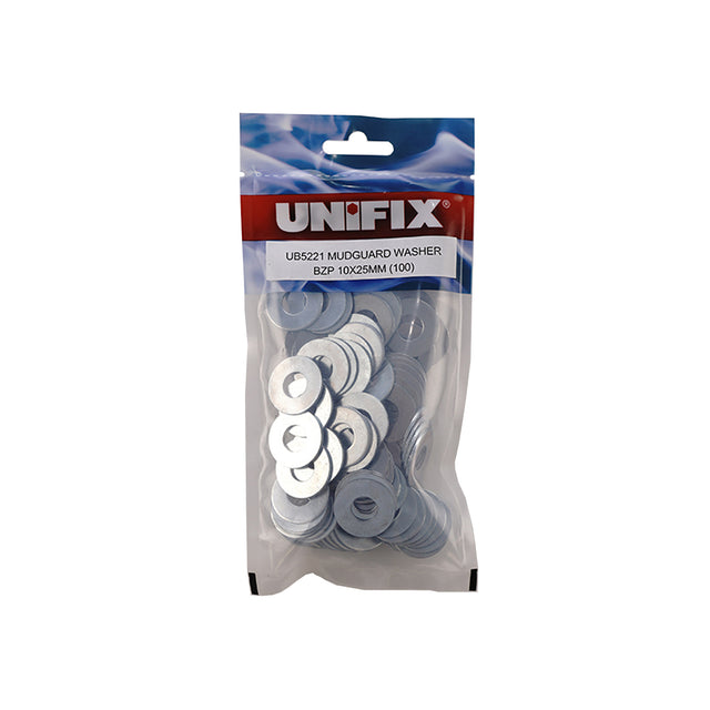 A clear plastic bag of Unifix UBS5221 Midguard Washer, containing 100 silver-colored flat metal washers, on a solid white background.