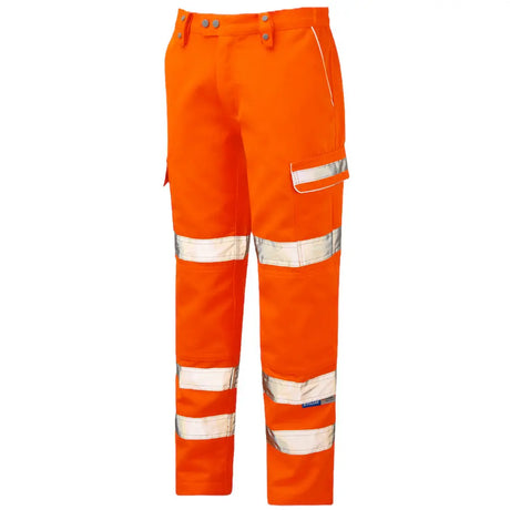 Image of a pair of Pulsar® PR336 Water Repellent Orange Hi Vis Work Trousers showing a view from the side on a white background.