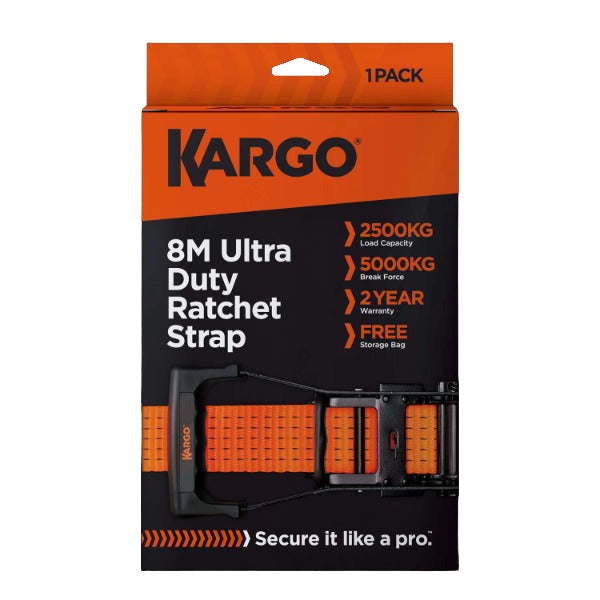 Kargo 8M Ultra Duty Ratchet Strap in packaging on a white background