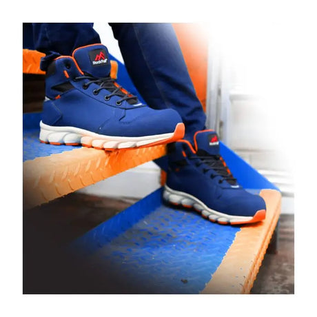 Rockfall Michigan RF112 safety boots being worn on metal stairs.