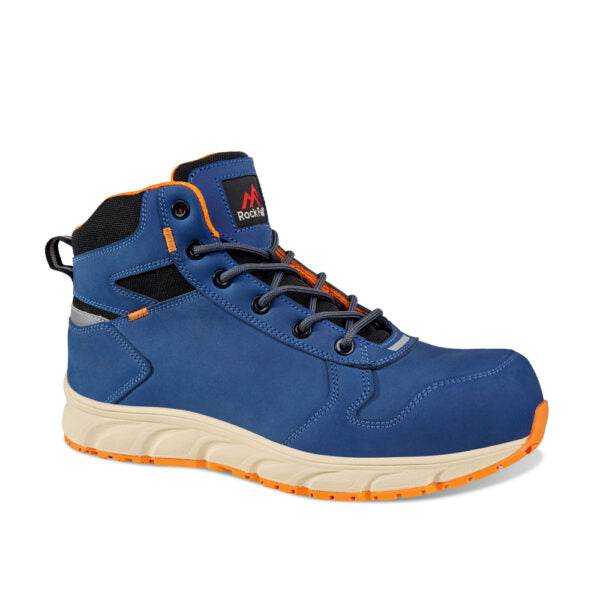 Blue Rock Fall Michigan hiking boot with orange accents on a white background
