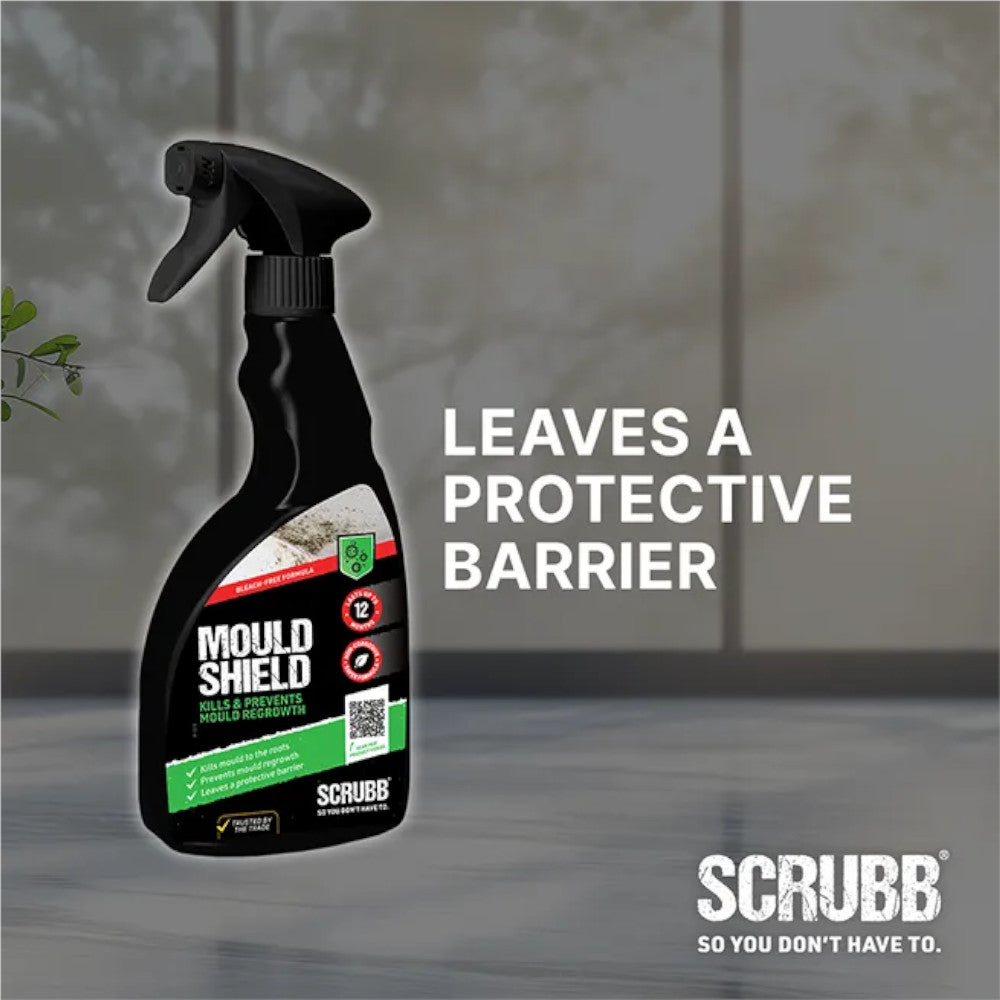Spray bottle of Scrubb Mould Shield next to text saying " Leaves a protective barrier " with a blurred background. 