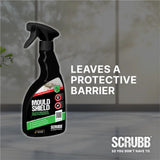 Spray bottle of Scrubb Mould Shield next to text saying " Leaves a protective barrier " with a blurred background. 