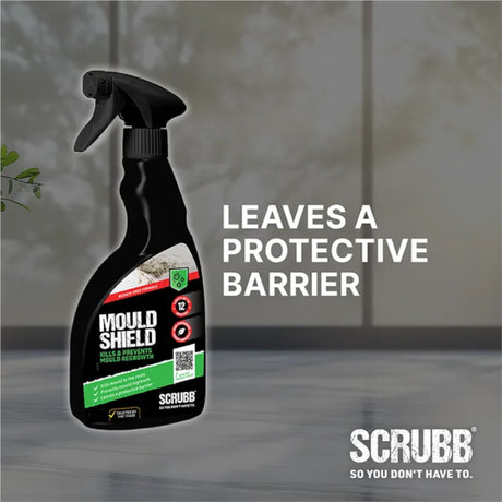 Spray bottle of Scrubb Mould Shield next to text saying " Leaves a protective barrier " with a blurred background. 