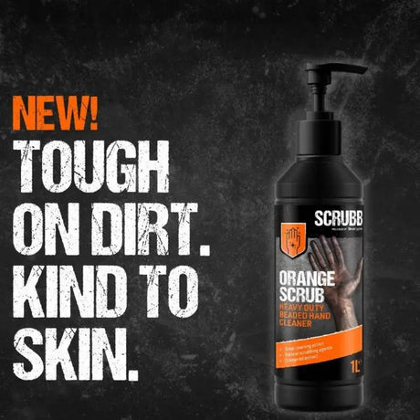 SCRUBB Orange Scrub H23 Pump Bottle 1 Ltr on a black textured background. With the text "tough on dirt kind on skin"