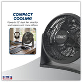 Sealey compact desk fan on a white background with text about its use in workspaces and home offices.