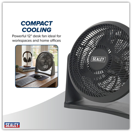 Sealey compact desk fan on a white background with text about its use in workspaces and home offices.