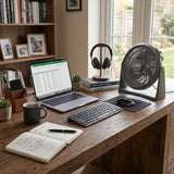 Home office desk setup with laptop, keyboard, mug, notebook, and fan.