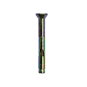 Countersunk head sleeve anchor zinc and yellow plated, shown side on, on a white background.
