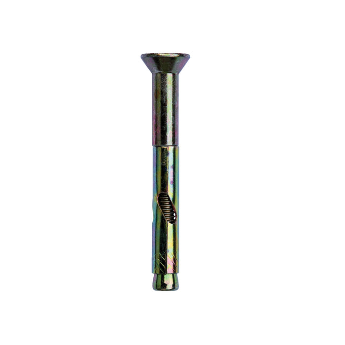 Countersunk head sleeve anchor zinc and yellow plated, shown side on, on a white background.