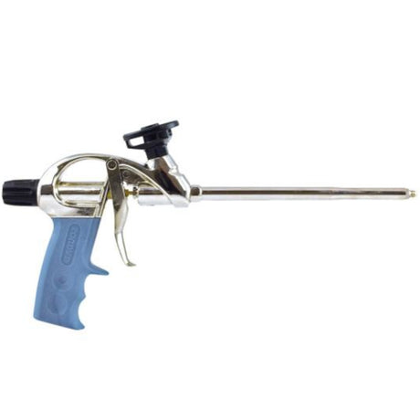 Soudal foam gun with blue handle on a white background