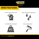 Everbuild product features for stixall with icons and text on a black and white background