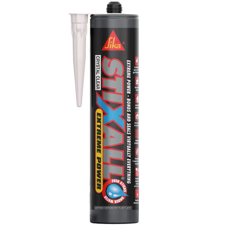 Sika Stixall Crystal Clear sealant cartridge on a white background
