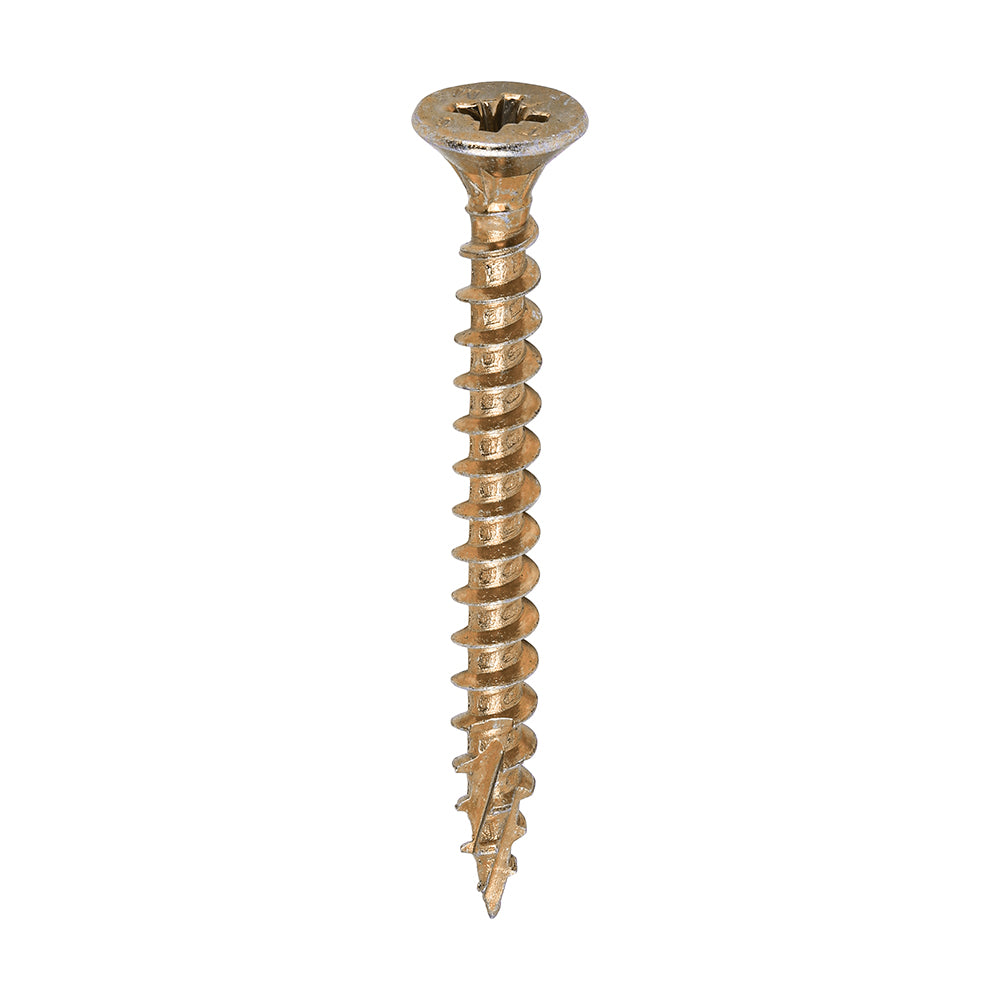 Close-up of a Timco C2 screw showing the double-countersunk head, deep Pozi drive, and twin-cut point designed to prevent timber splitting.