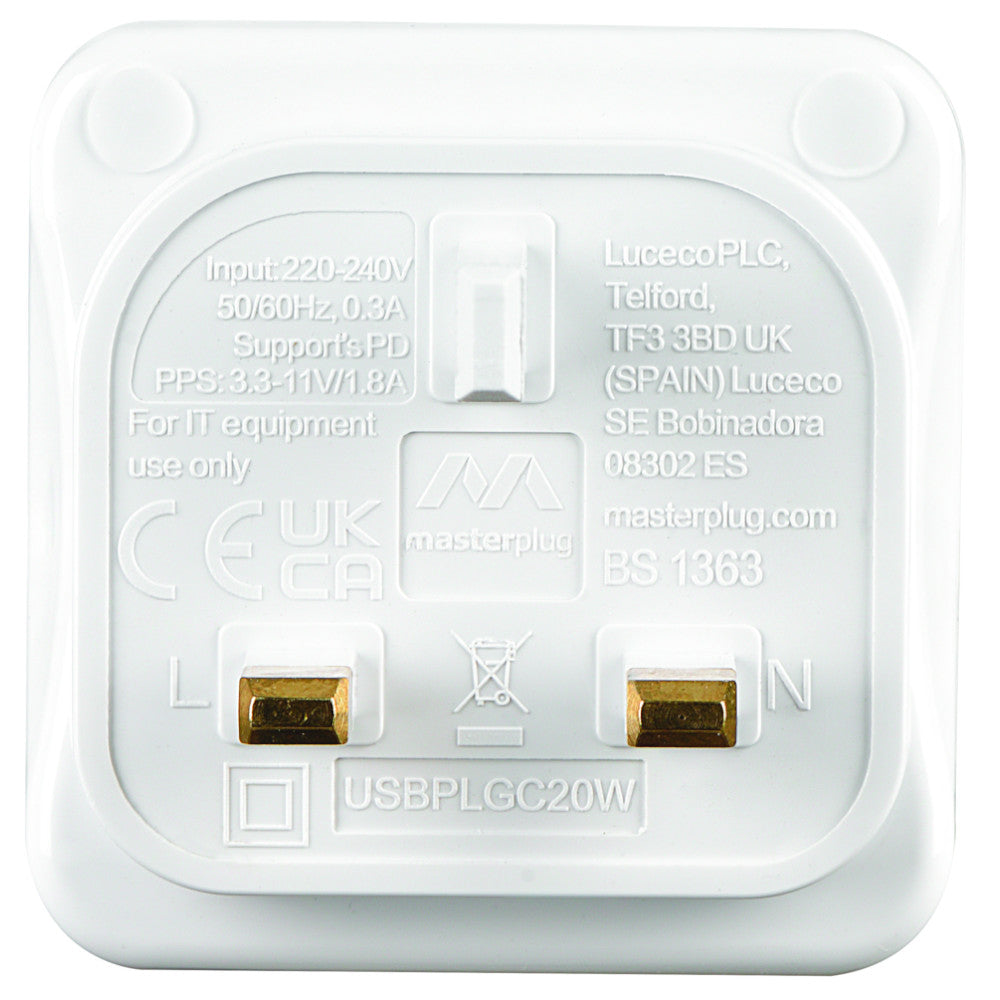 Masterplug USB A + C Fast Charger 20W, Ideal For Mobile Phones USBPLGC20W