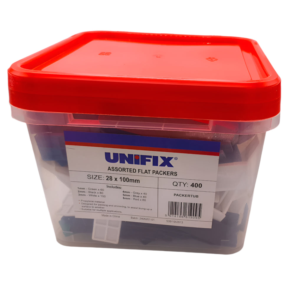 Clear container with red lid labeled 'UNIFIX' containing various sizes of flat packers on a white background